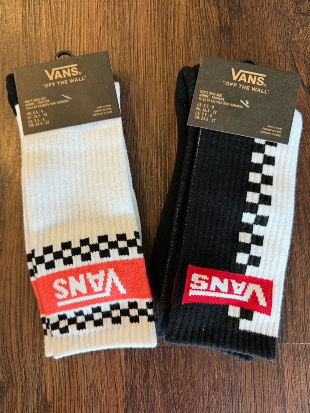 Vans Checkerboard Crew Socks - White & Black with Red Logo